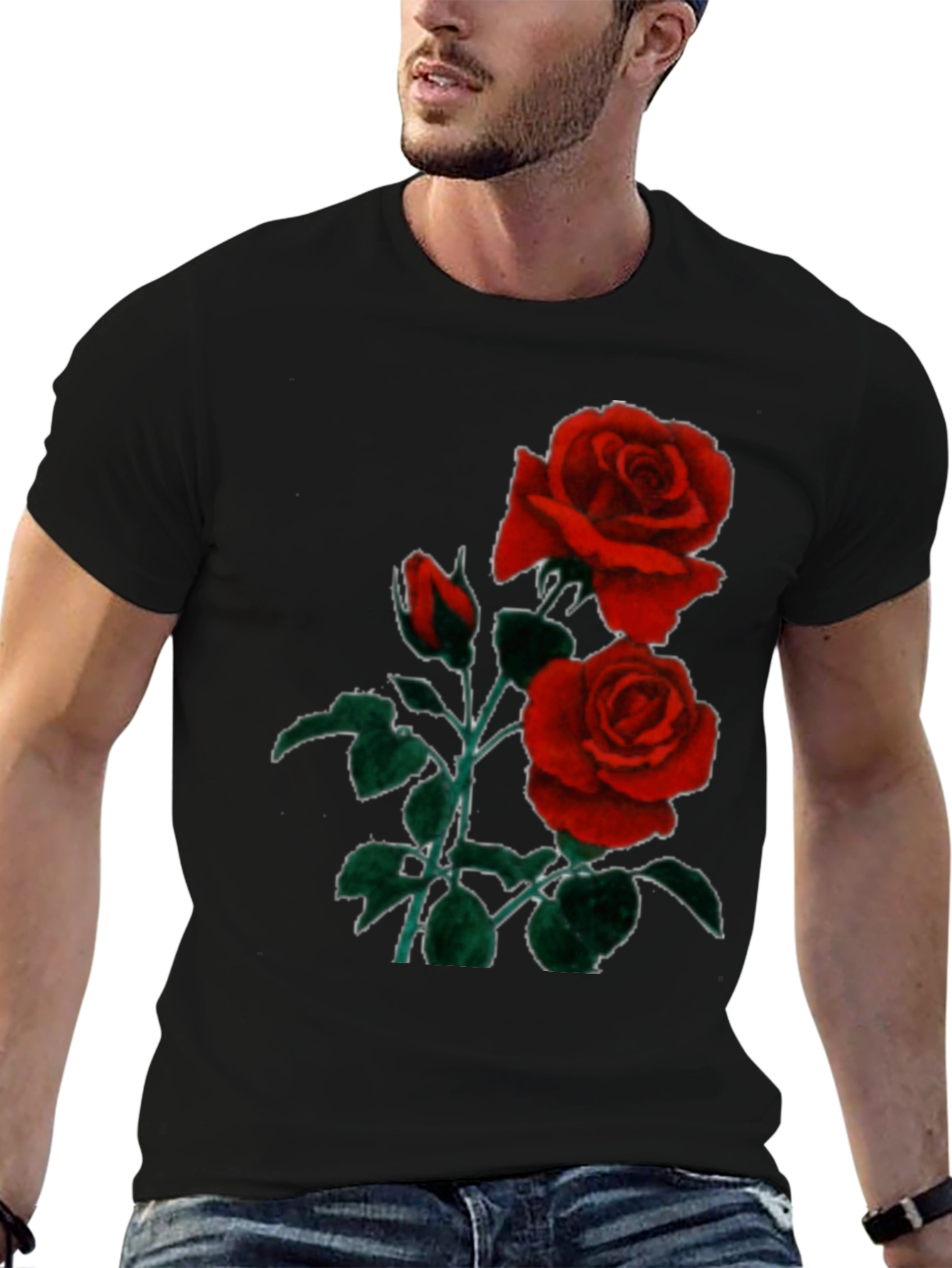 Black T-Shirt with Red Roses