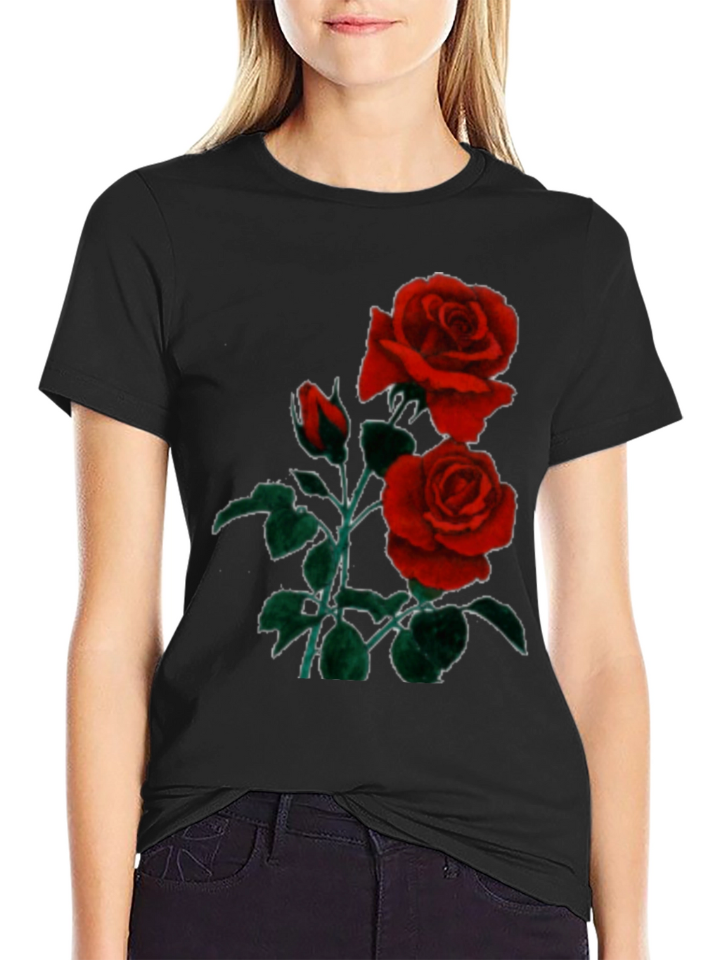 Black T-Shirt with Red Roses