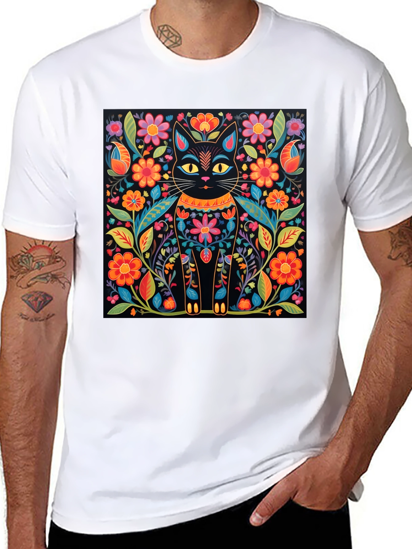 Floral Cat Graphic Print Black T-Shirt