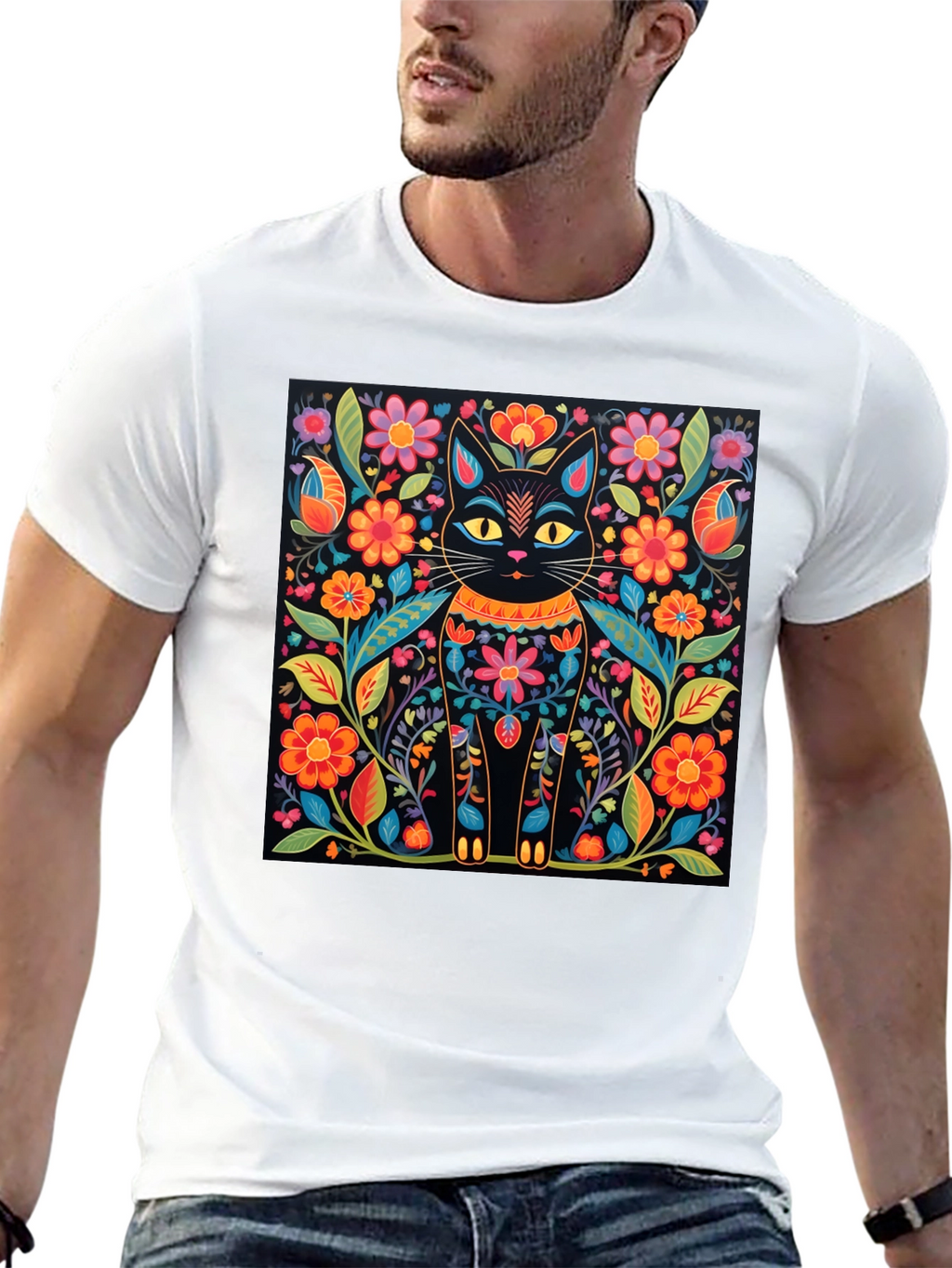 Floral Cat Graphic Print Black T-Shirt
