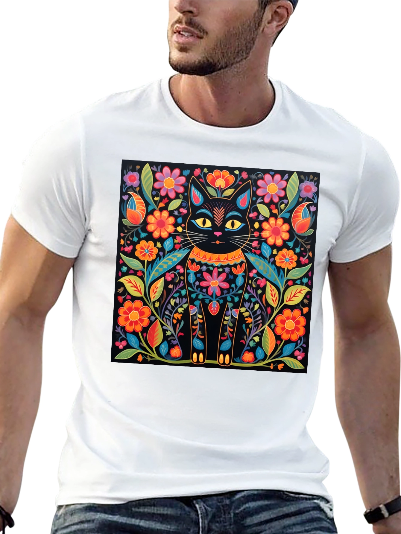 Floral Cat Graphic Print Black T-Shirt