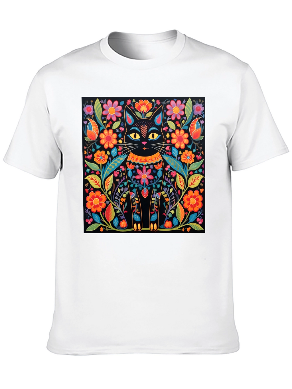 Floral Cat Graphic Print Black T-Shirt