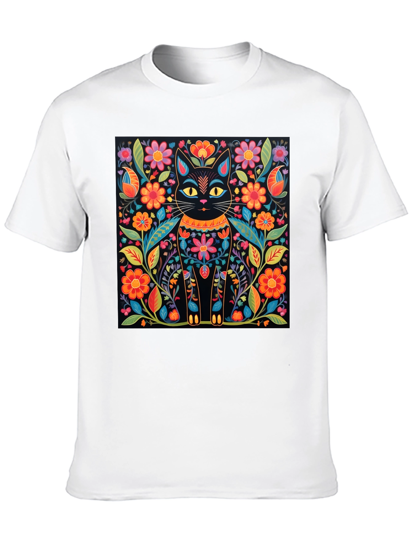 Floral Cat Graphic Print Black T-Shirt