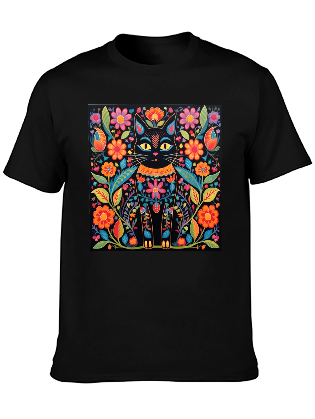 Floral Cat Graphic Print Black T-Shirt