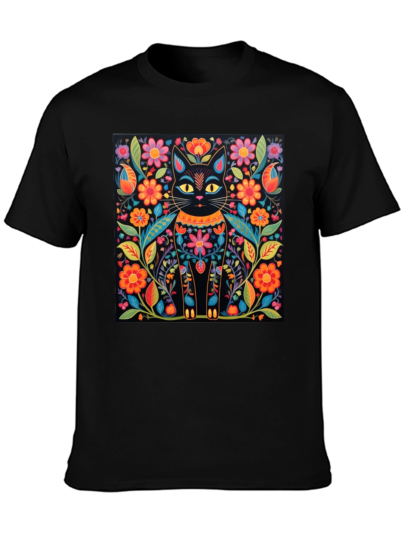 Floral Cat Graphic Print Black T-Shirt