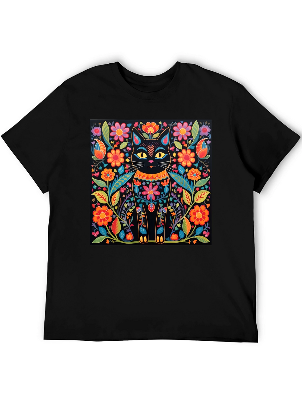 Floral Cat Graphic Print Black T-Shirt