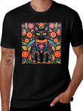 Floral Cat Graphic Print Black T-Shirt