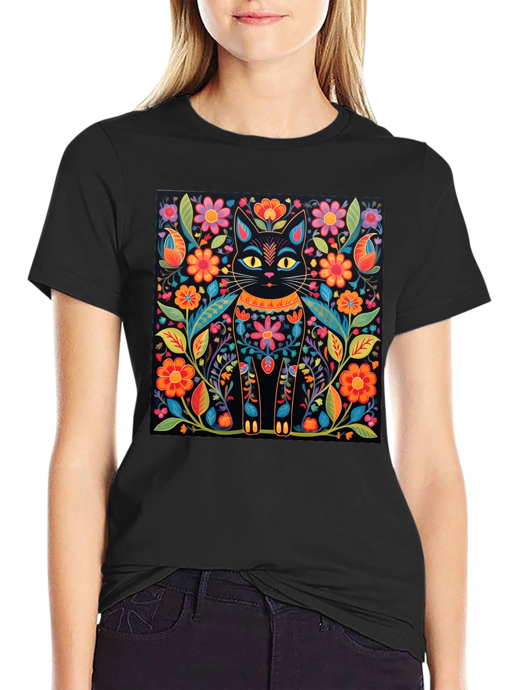 Floral Cat Graphic Print Black T-Shirt