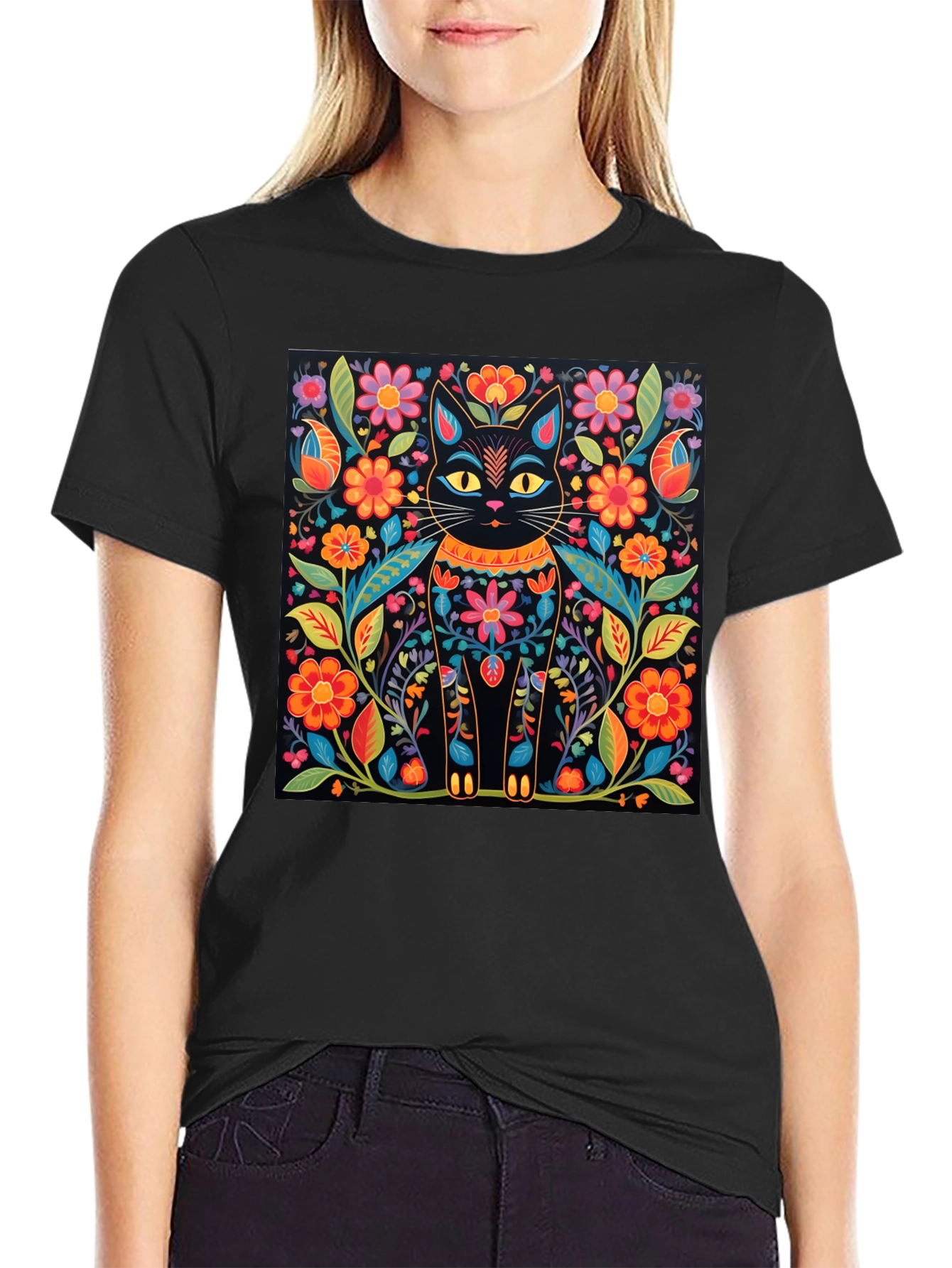 Floral Cat Graphic Print Black T-Shirt