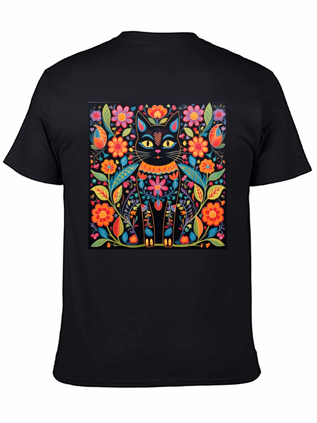 Floral Cat Graphic Print Black T-Shirt