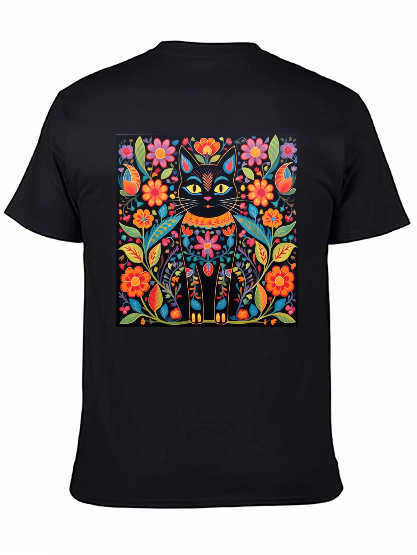 Floral Cat Graphic Print Black T-Shirt