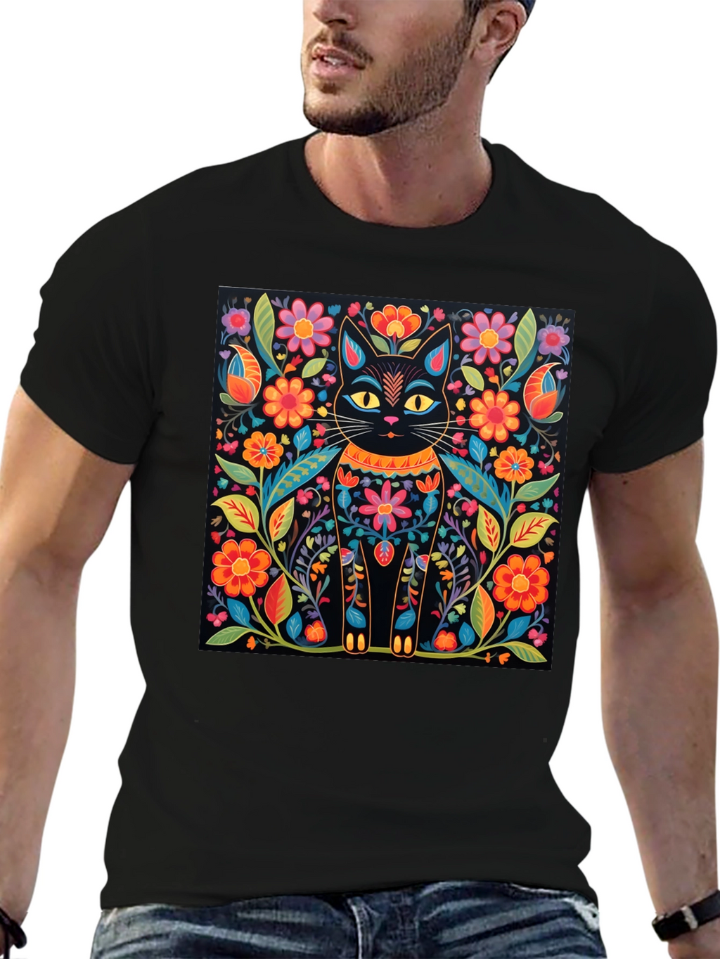 Floral Cat Graphic Print Black T-Shirt