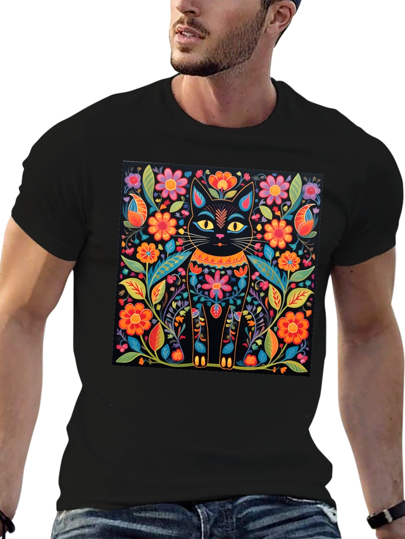Floral Cat Graphic Print Black T-Shirt