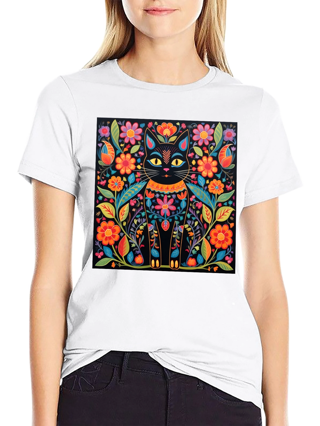 Floral Cat Graphic Print Black T-Shirt