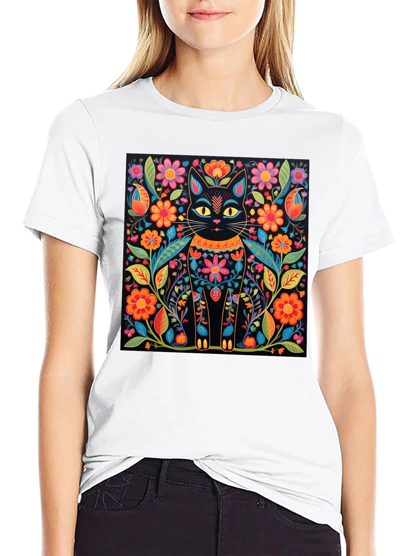 Floral Cat Graphic Print Black T-Shirt