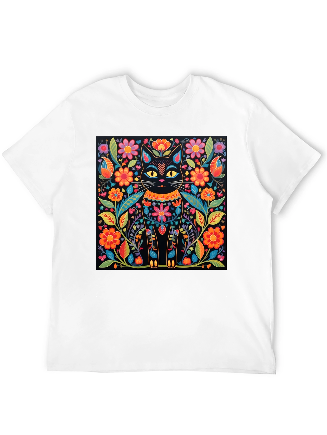 Floral Cat Graphic Print Black T-Shirt