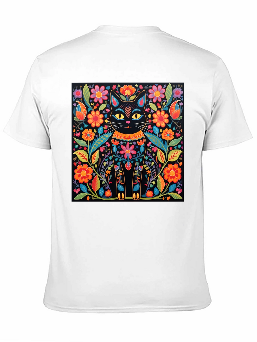 Floral Cat Graphic Print Black T-Shirt