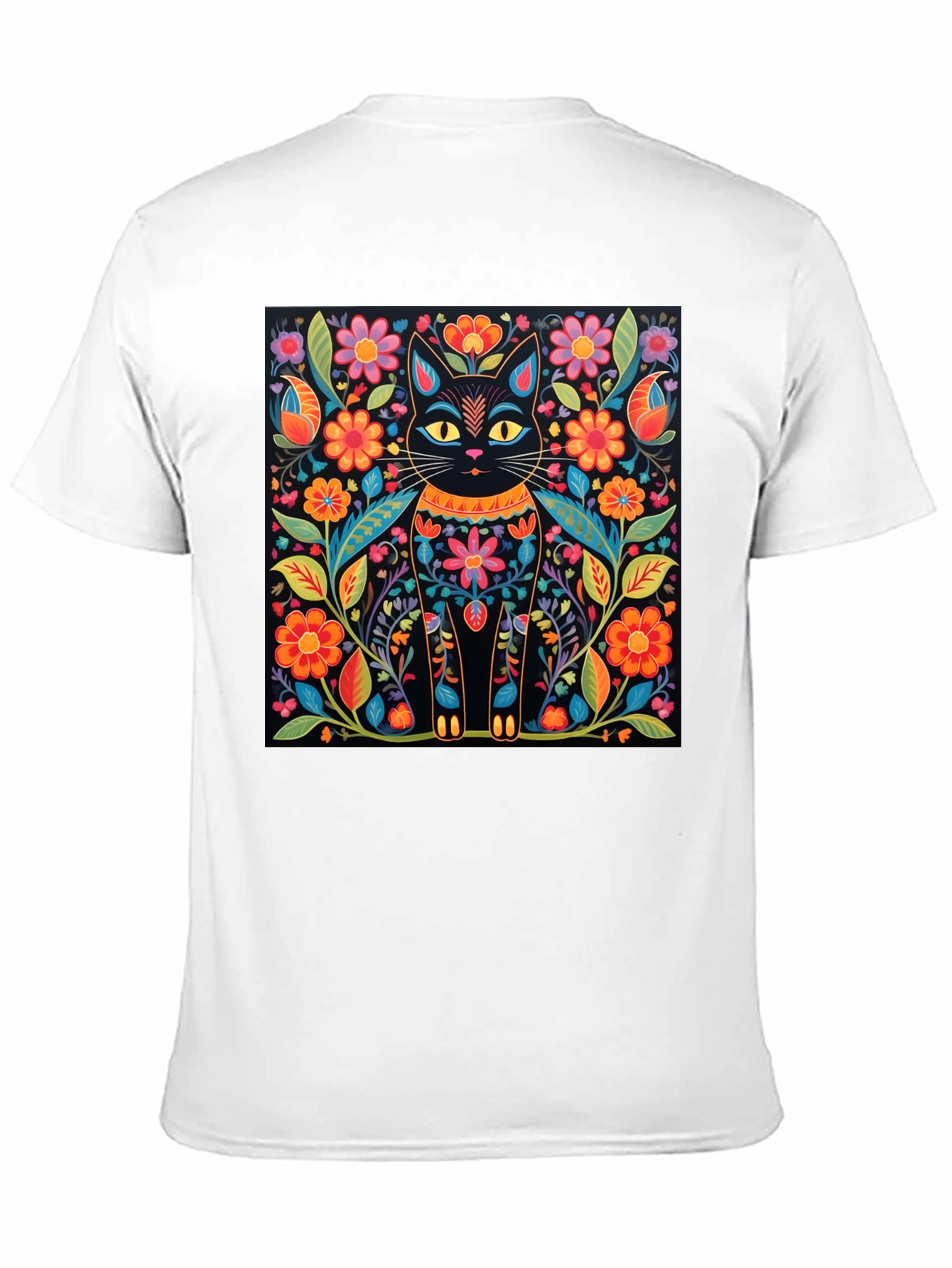 Floral Cat Graphic Print Black T-Shirt