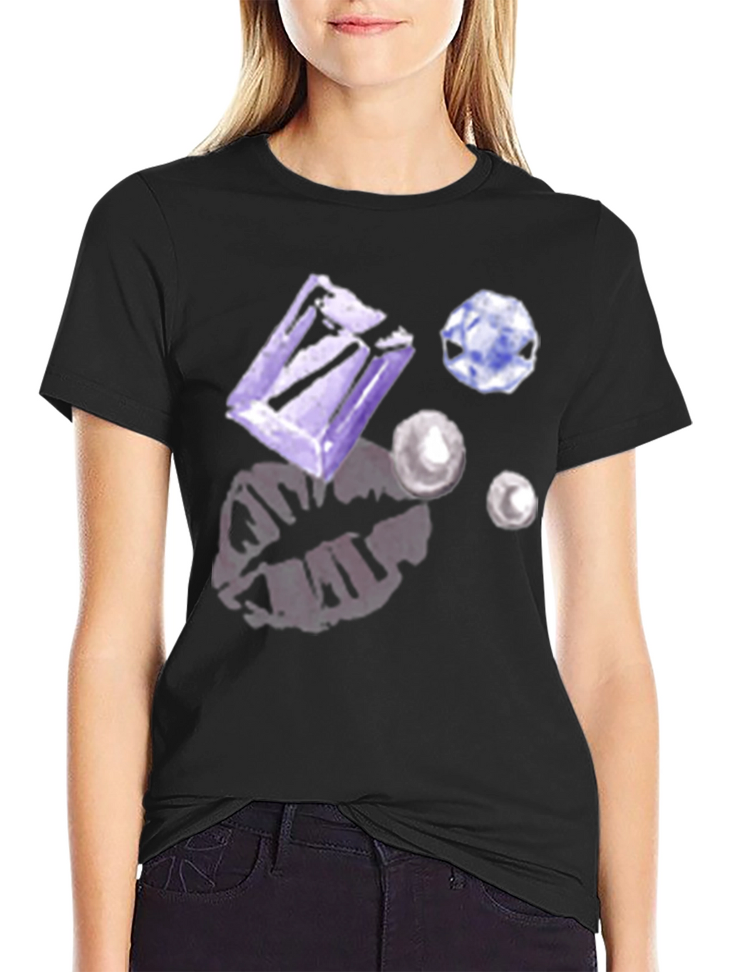 Gem & Lip Print Black T-Shirt