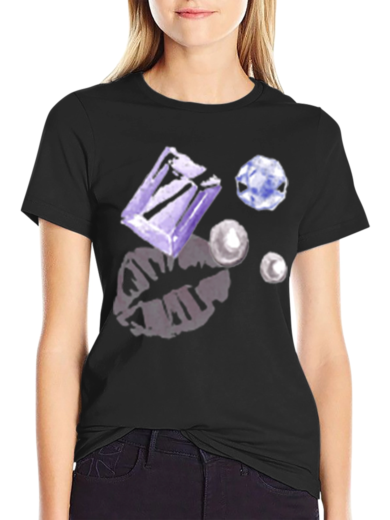 Gem & Lip Print Black T-Shirt