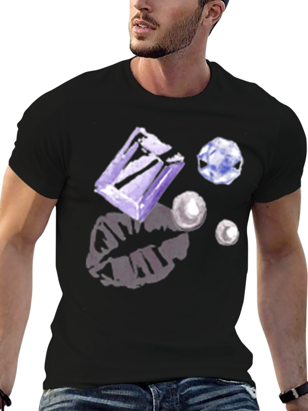 Gem & Lip Print Black T-Shirt