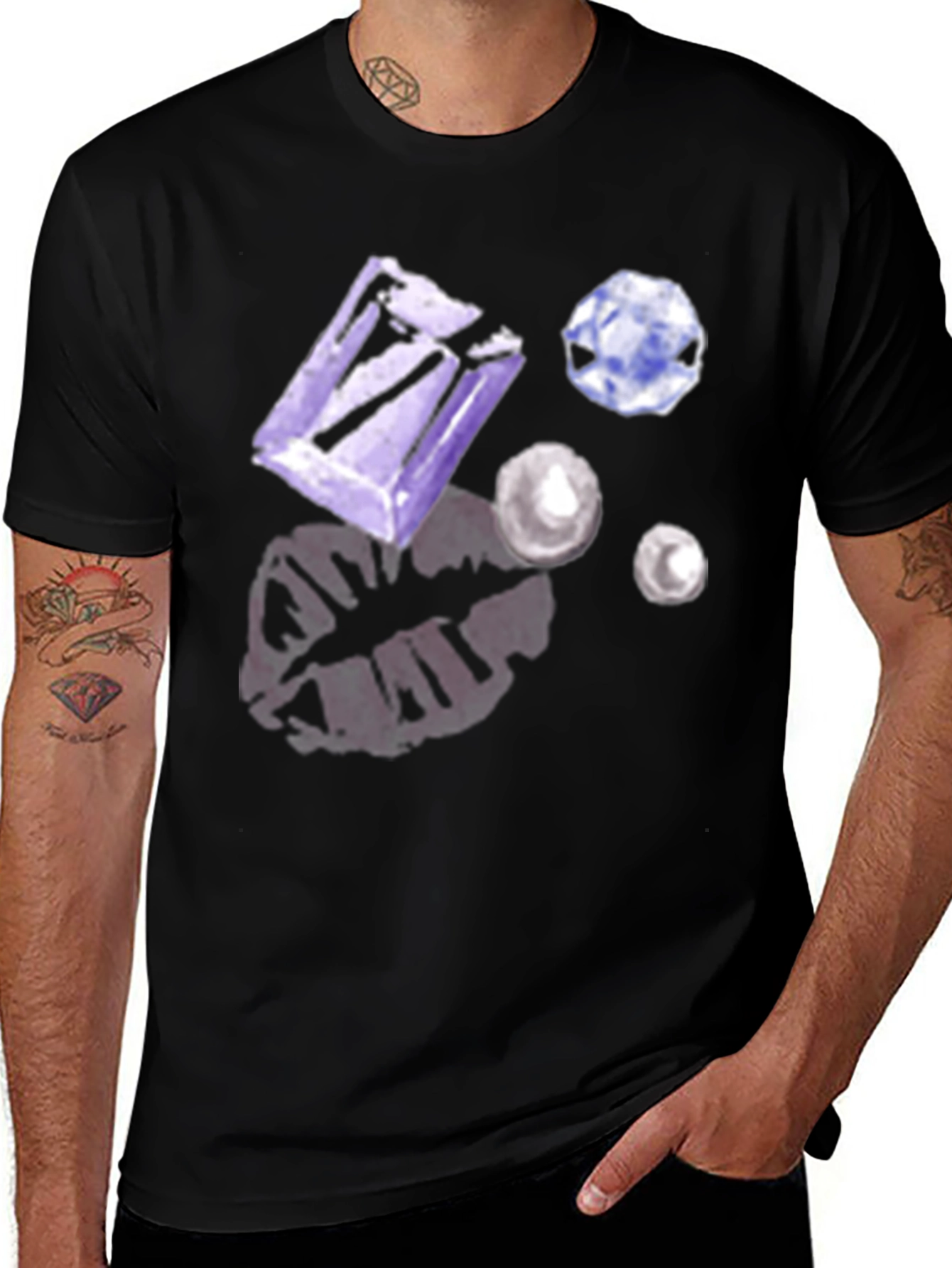 Gem & Lip Print Black T-Shirt