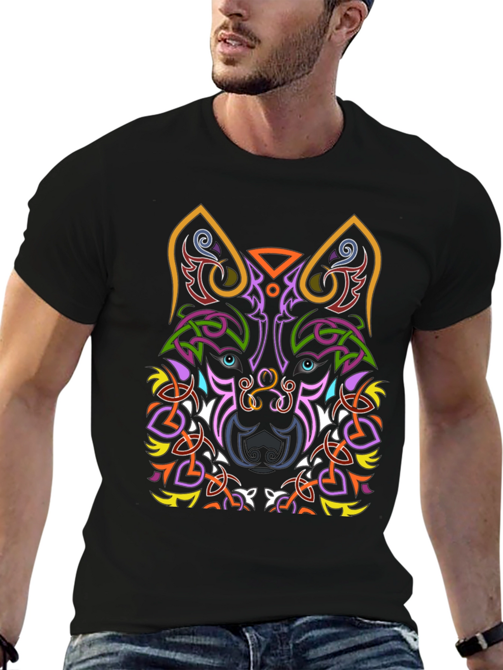 Celtic Wolf Graphic Tee - Black Cotton T-Shirt
