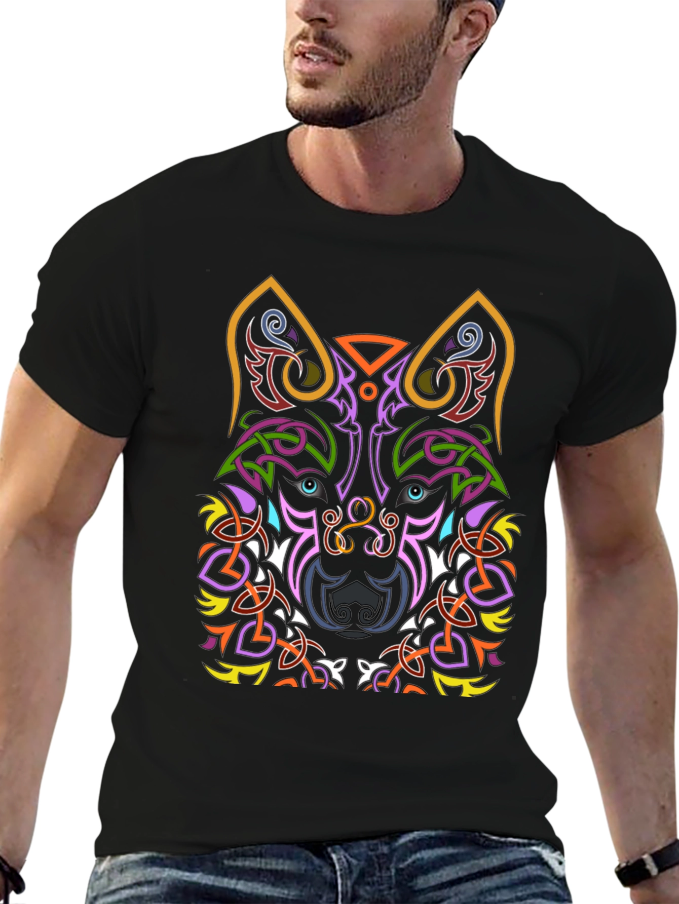 Celtic Wolf Graphic Tee - Black Cotton T-Shirt