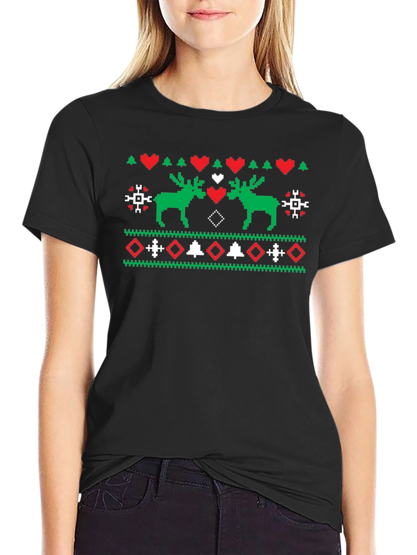 Festive Moose Knit Pattern Black T-Shirt