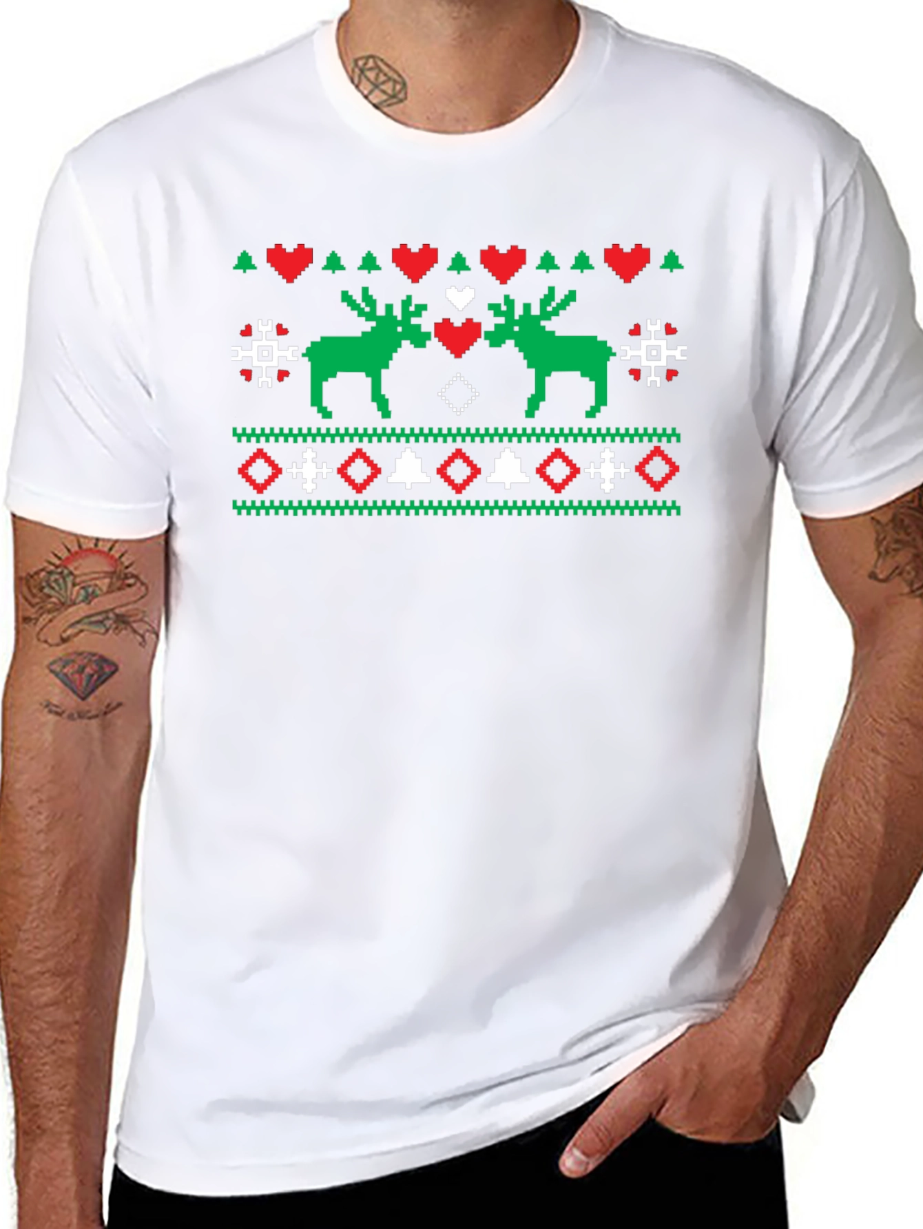 Festive Moose Knit Pattern Black T-Shirt