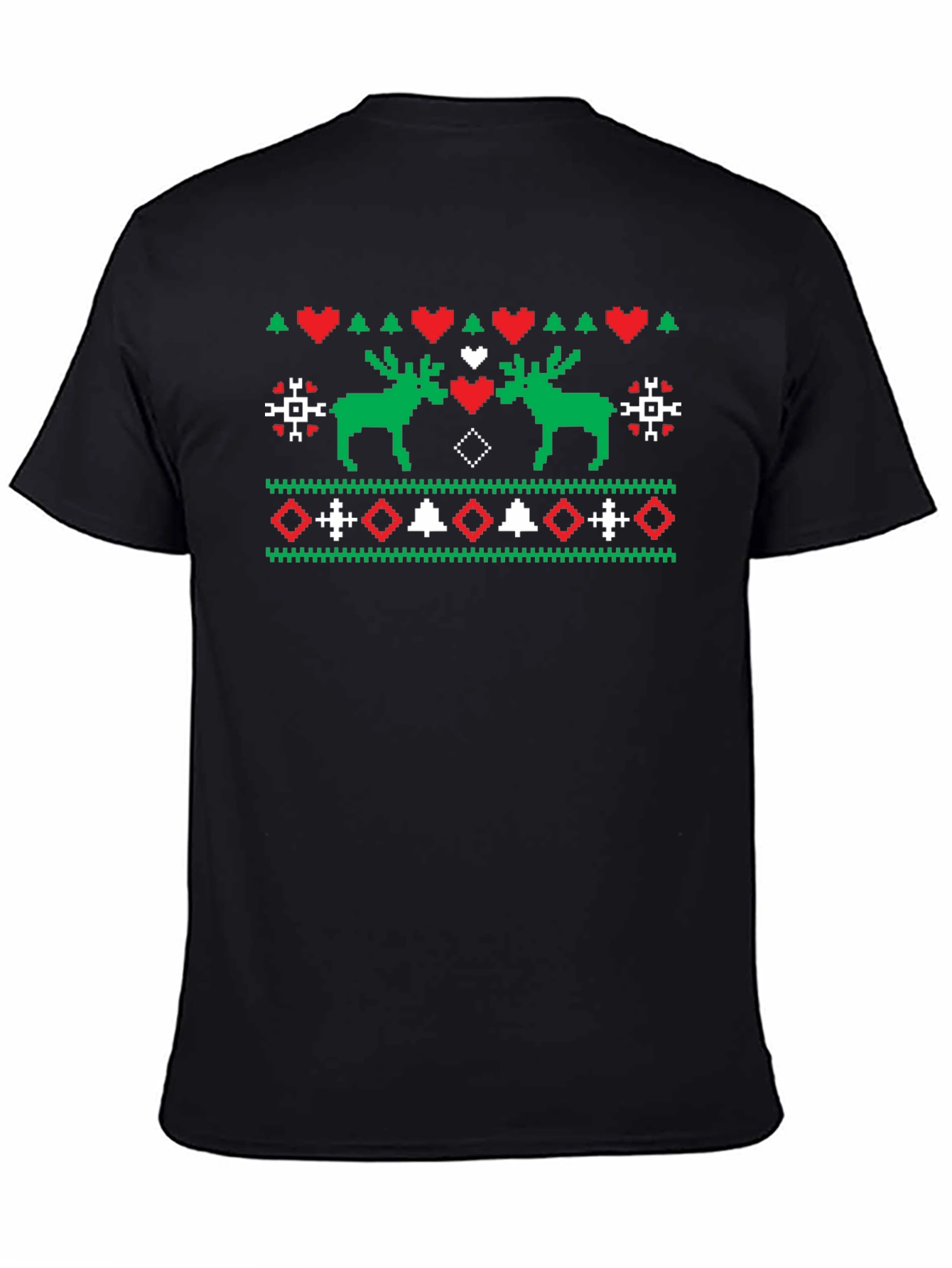 Festive Moose Knit Pattern Black T-Shirt