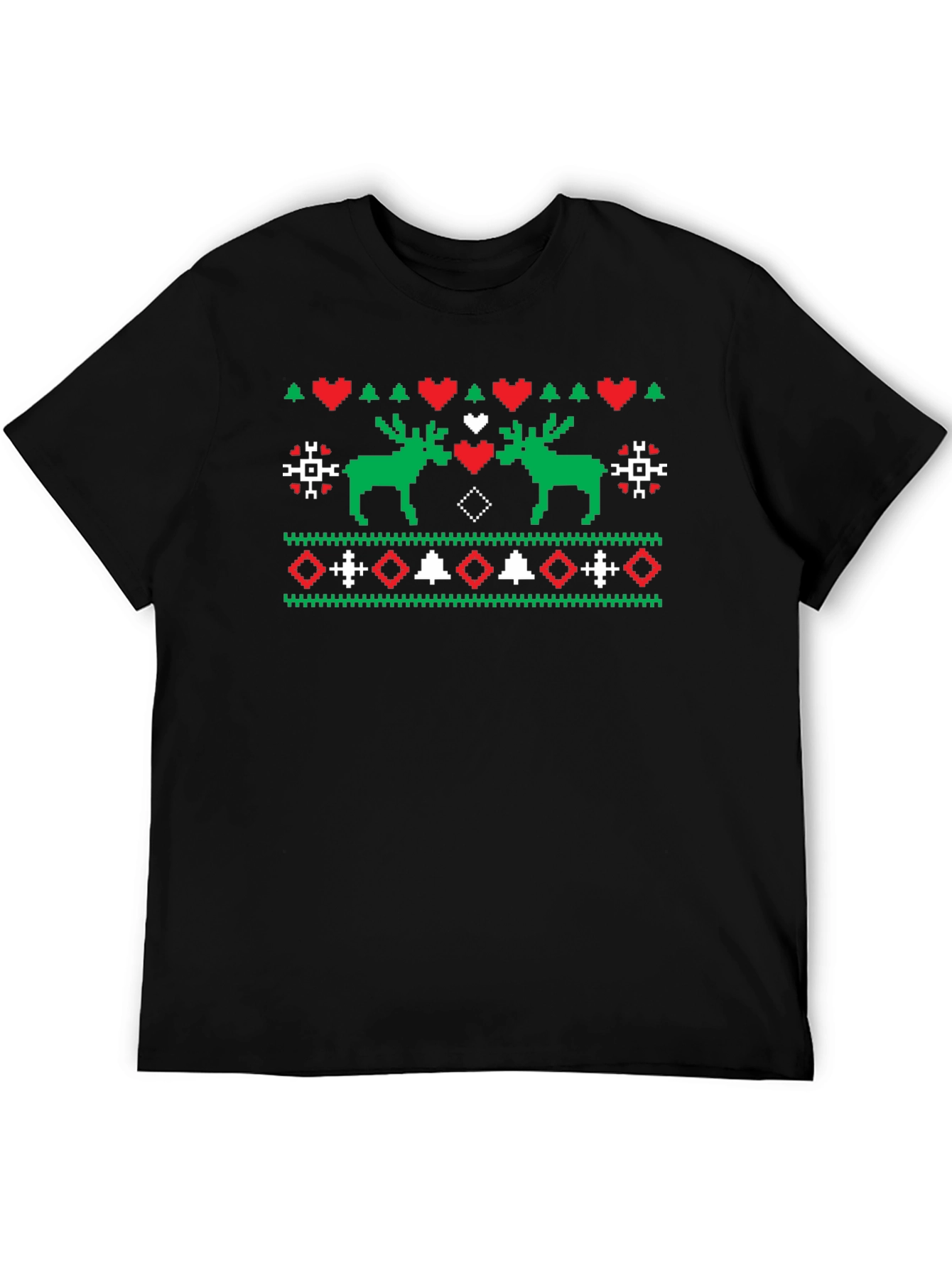 Festive Moose Knit Pattern Black T-Shirt