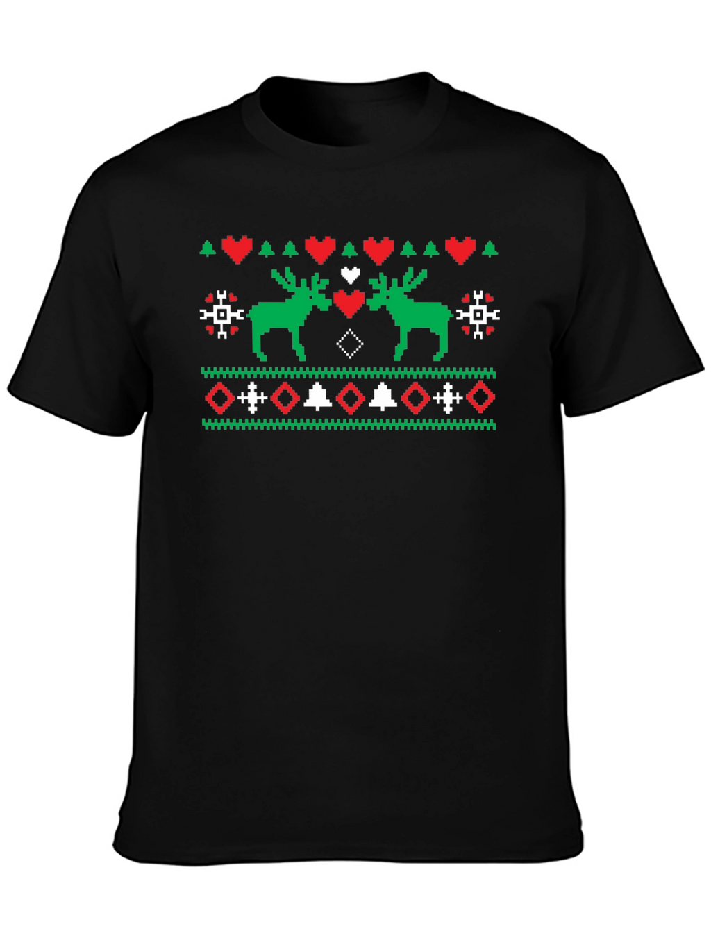 Festive Moose Knit Pattern Black T-Shirt