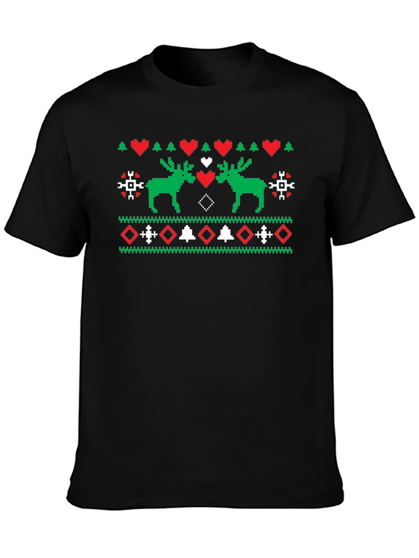 Festive Moose Knit Pattern Black T-Shirt