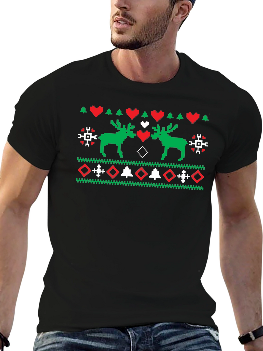 Festive Moose Knit Pattern Black T-Shirt