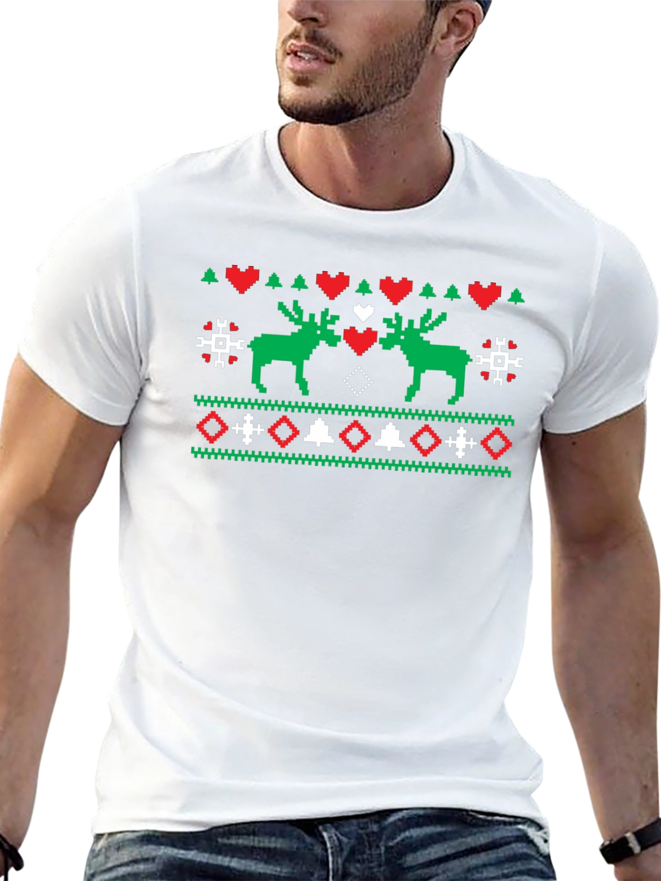 Festive Moose Knit Pattern Black T-Shirt
