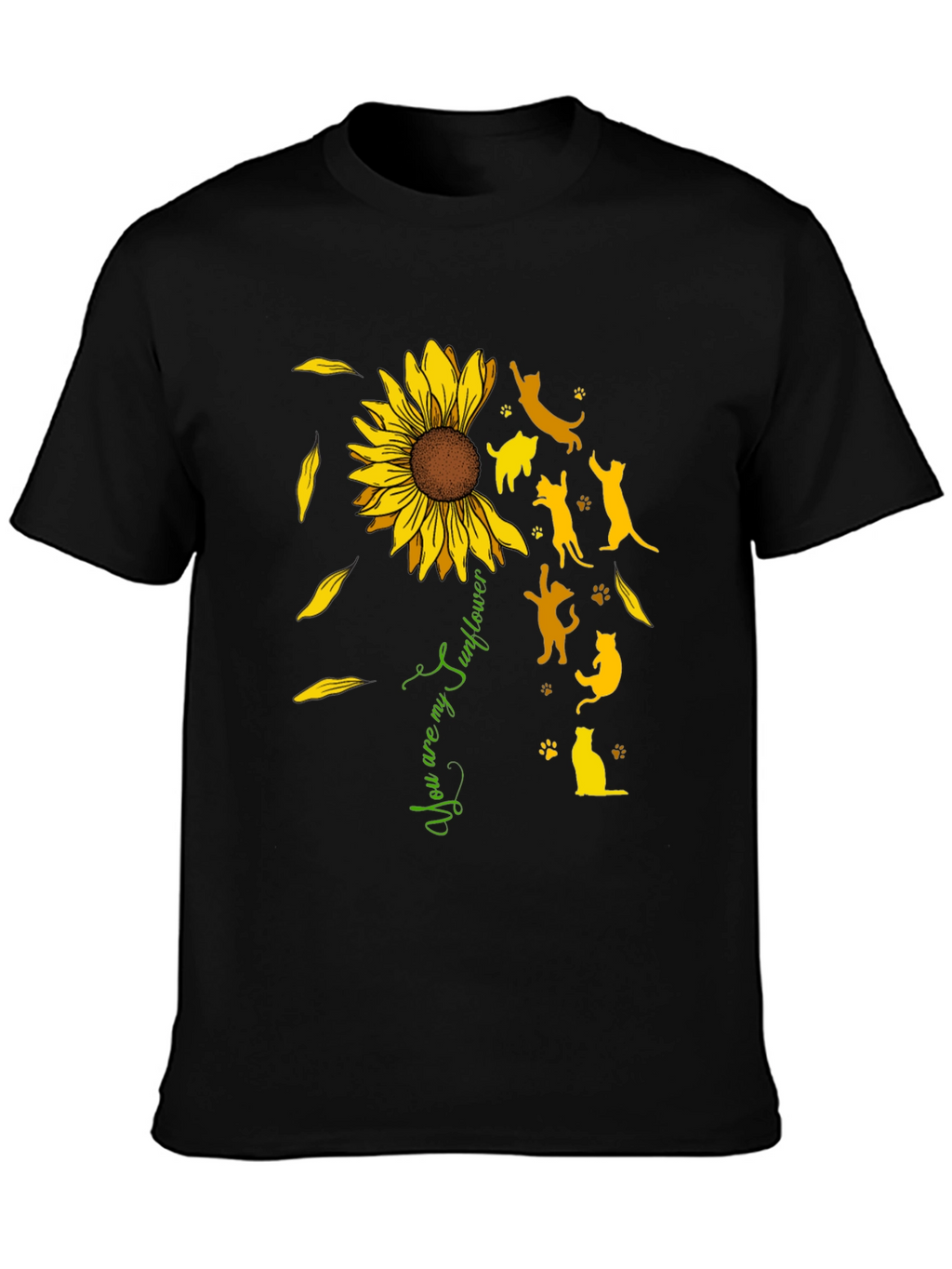 Sunflower Cat Silhouette Black T-Shirt