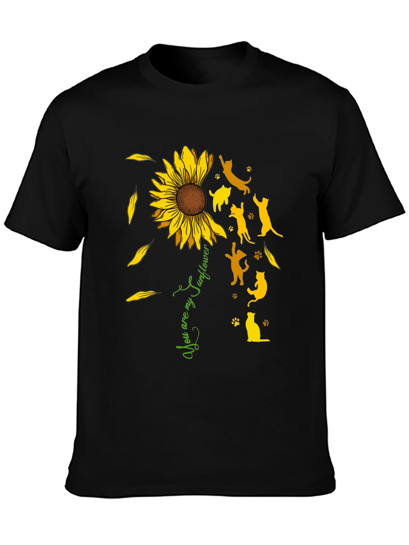 Sunflower Cat Silhouette Black T-Shirt