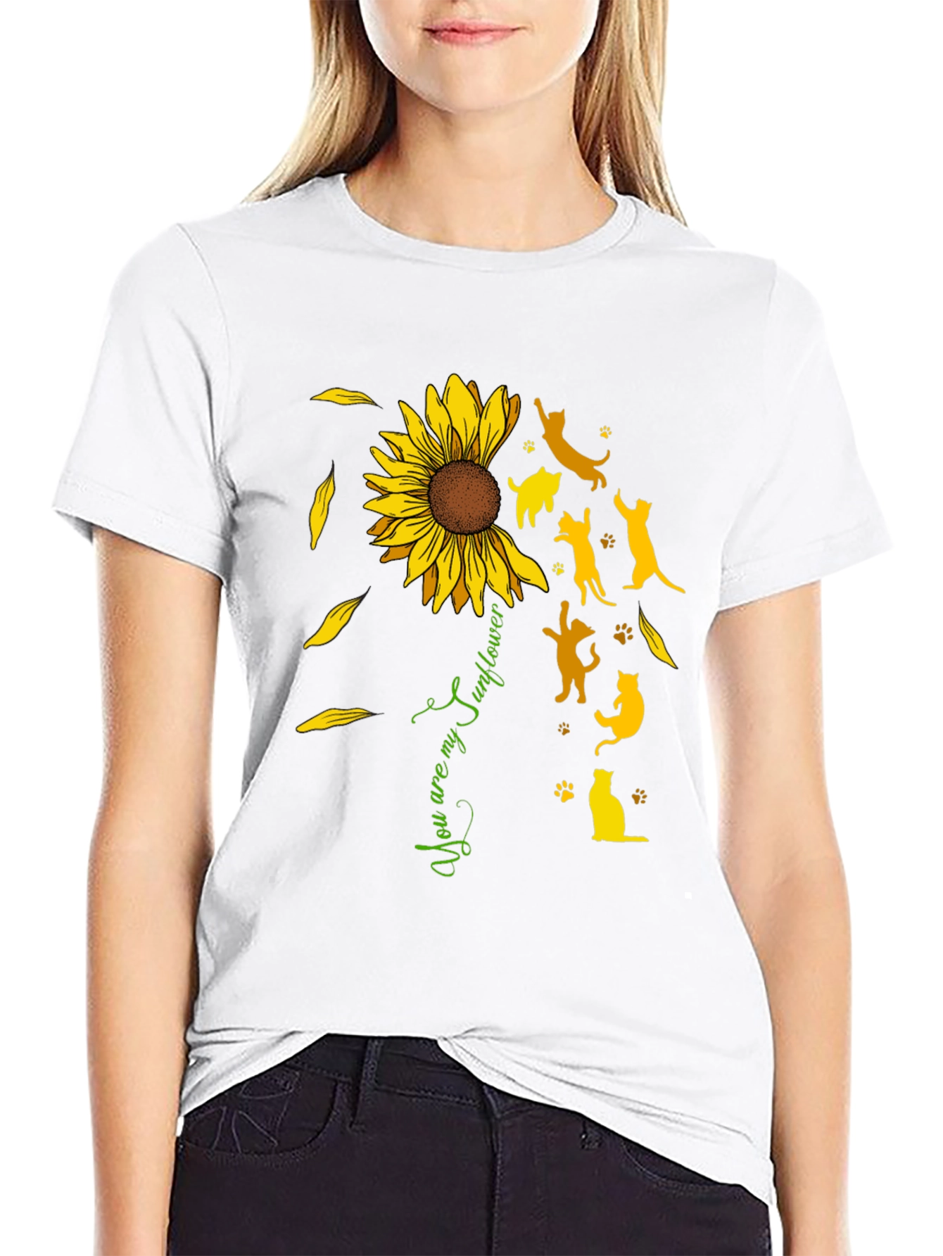 Sunflower Cat Silhouette Black T-Shirt