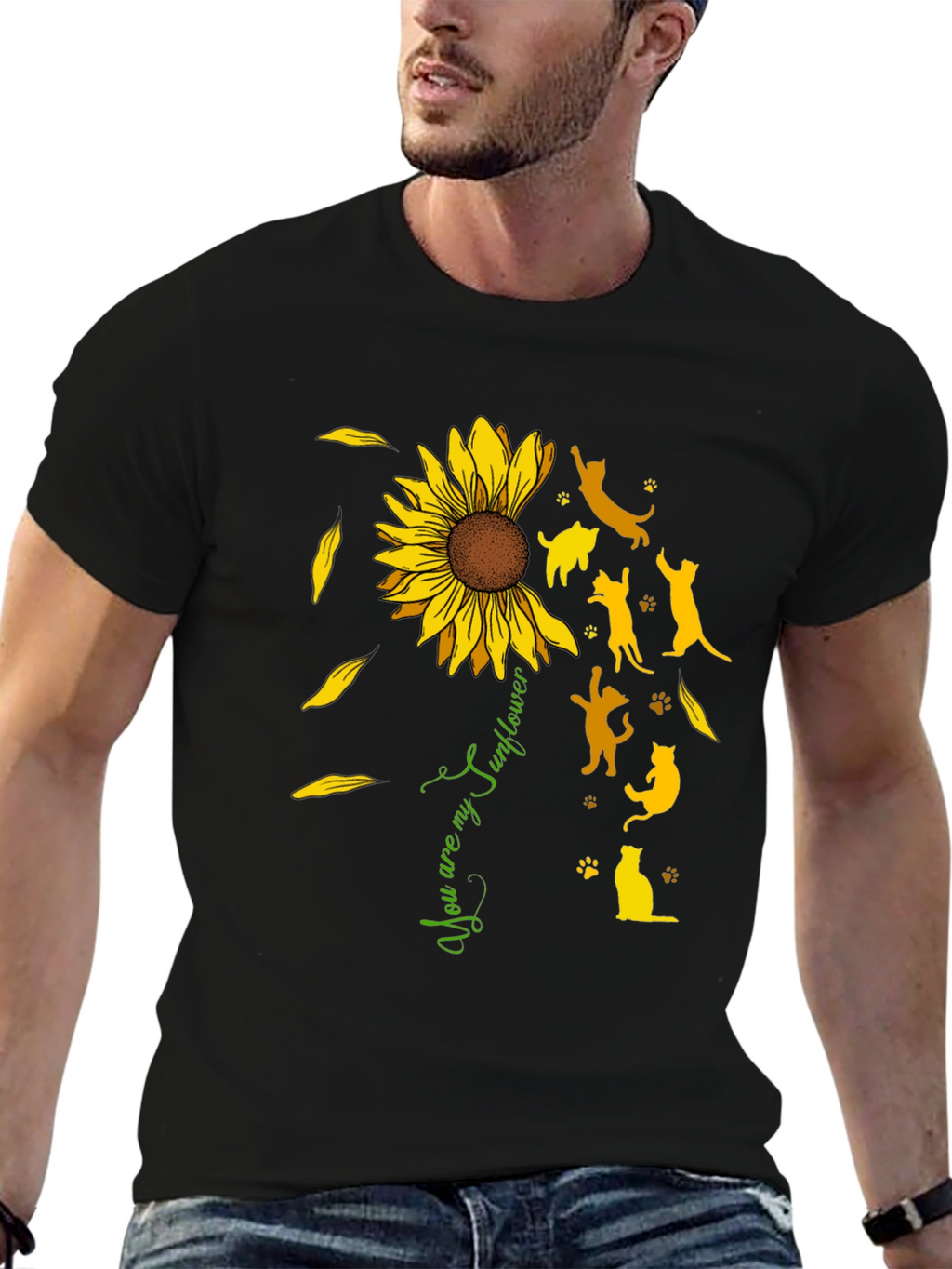 Sunflower Cat Silhouette Black T-Shirt