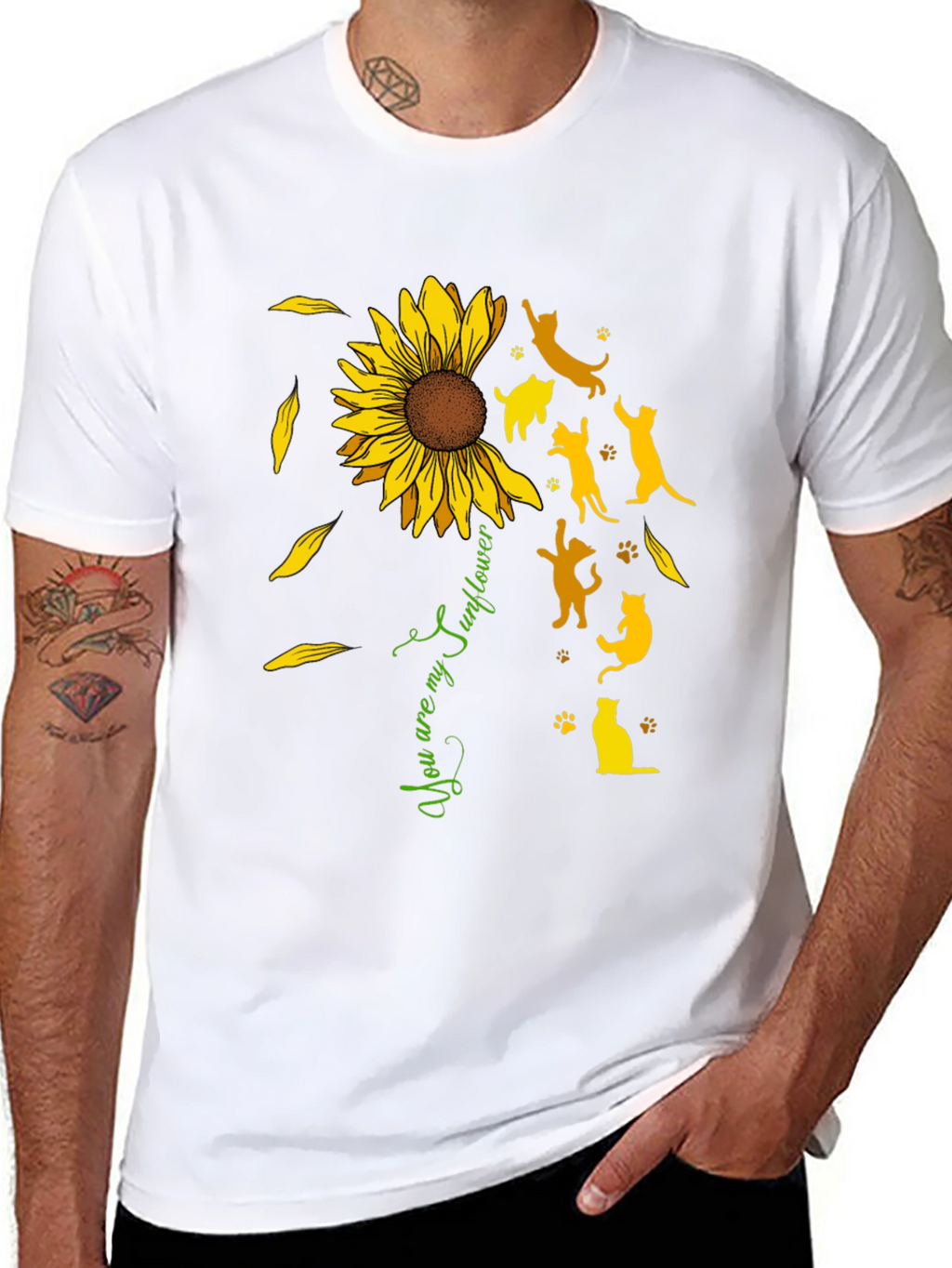 Sunflower Cat Silhouette Black T-Shirt