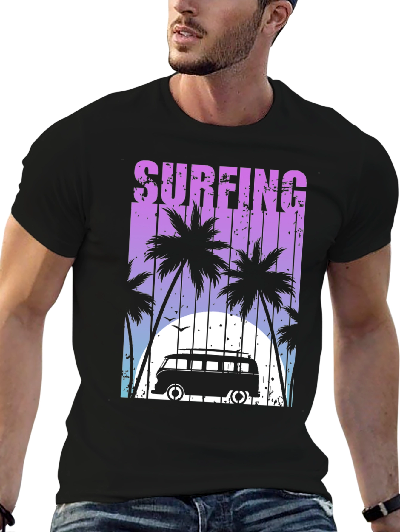 Surfing Palm Tee - Retro Van Beach Vibes