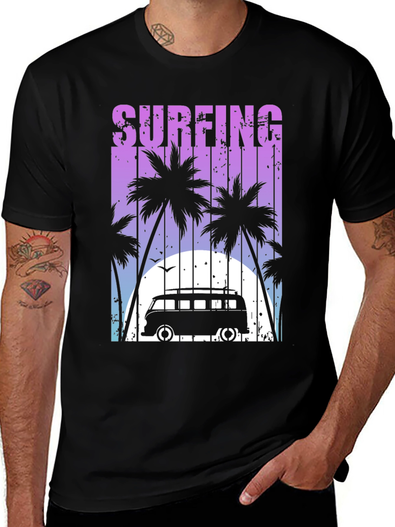 Surfing Palm Tee - Retro Van Beach Vibes