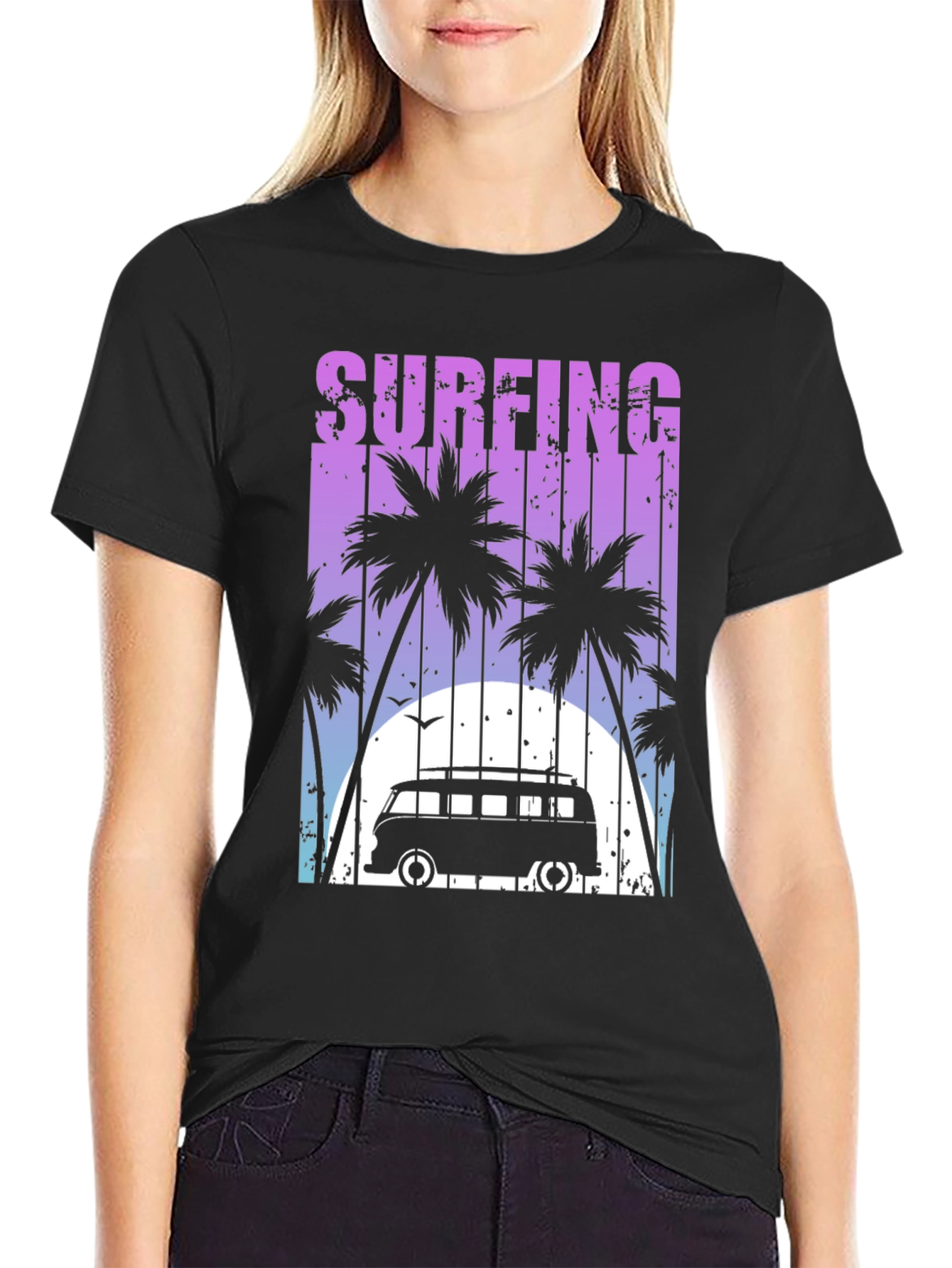 Surfing Palm Tee - Retro Van Beach Vibes