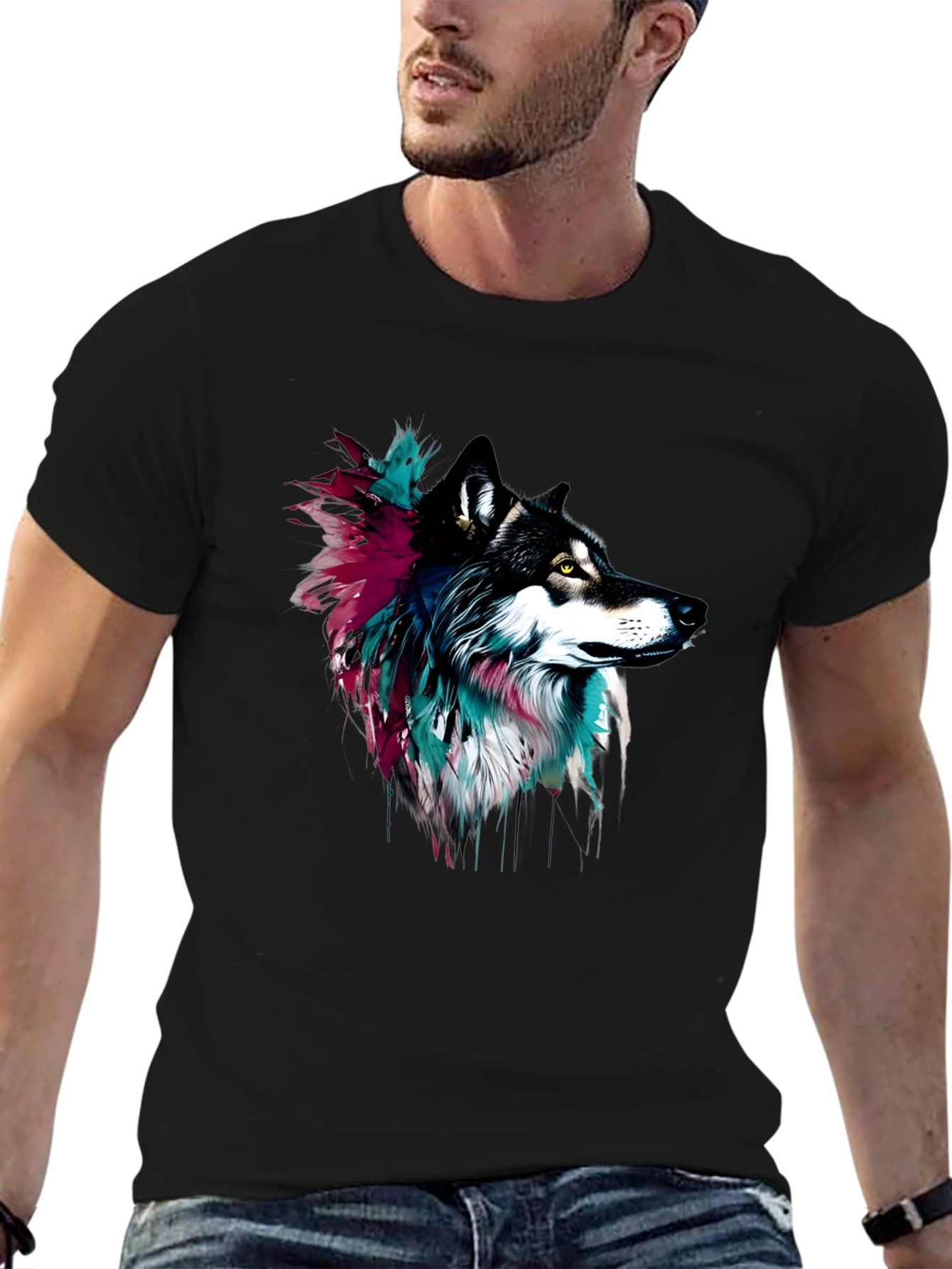Wolf Graphic Tee - Black Cotton Blend - Artistic Design
