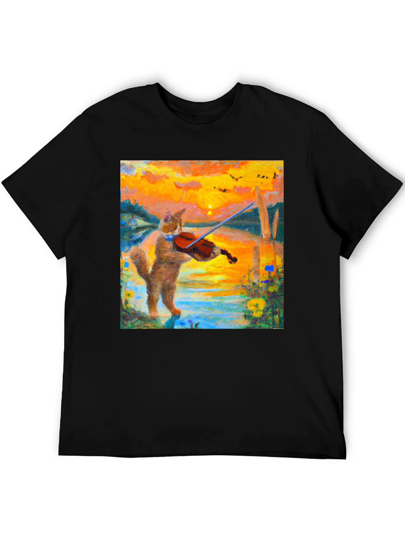 Cat Violinist Sunset Graphic T-Shirt