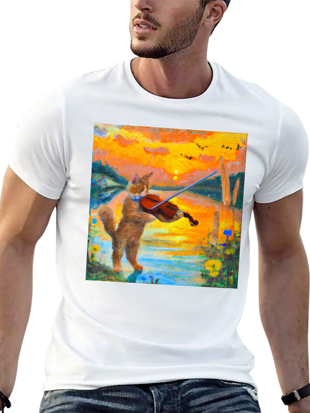 Cat Violinist Sunset Graphic T-Shirt