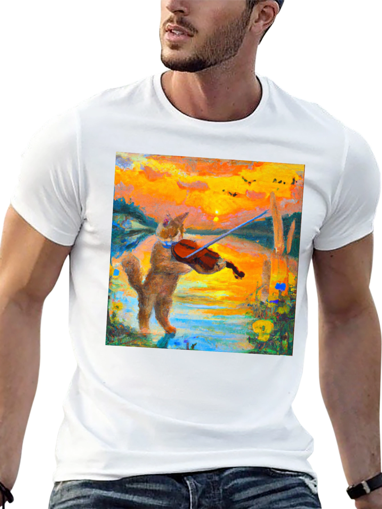 Cat Violinist Sunset Graphic T-Shirt