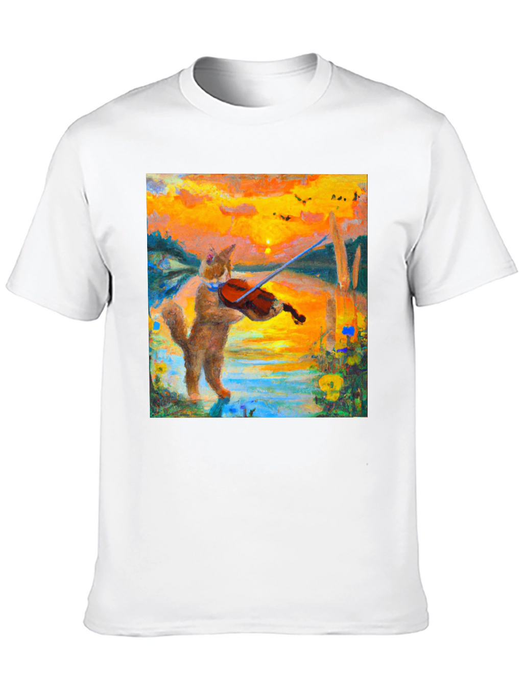 Cat Violinist Sunset Graphic T-Shirt
