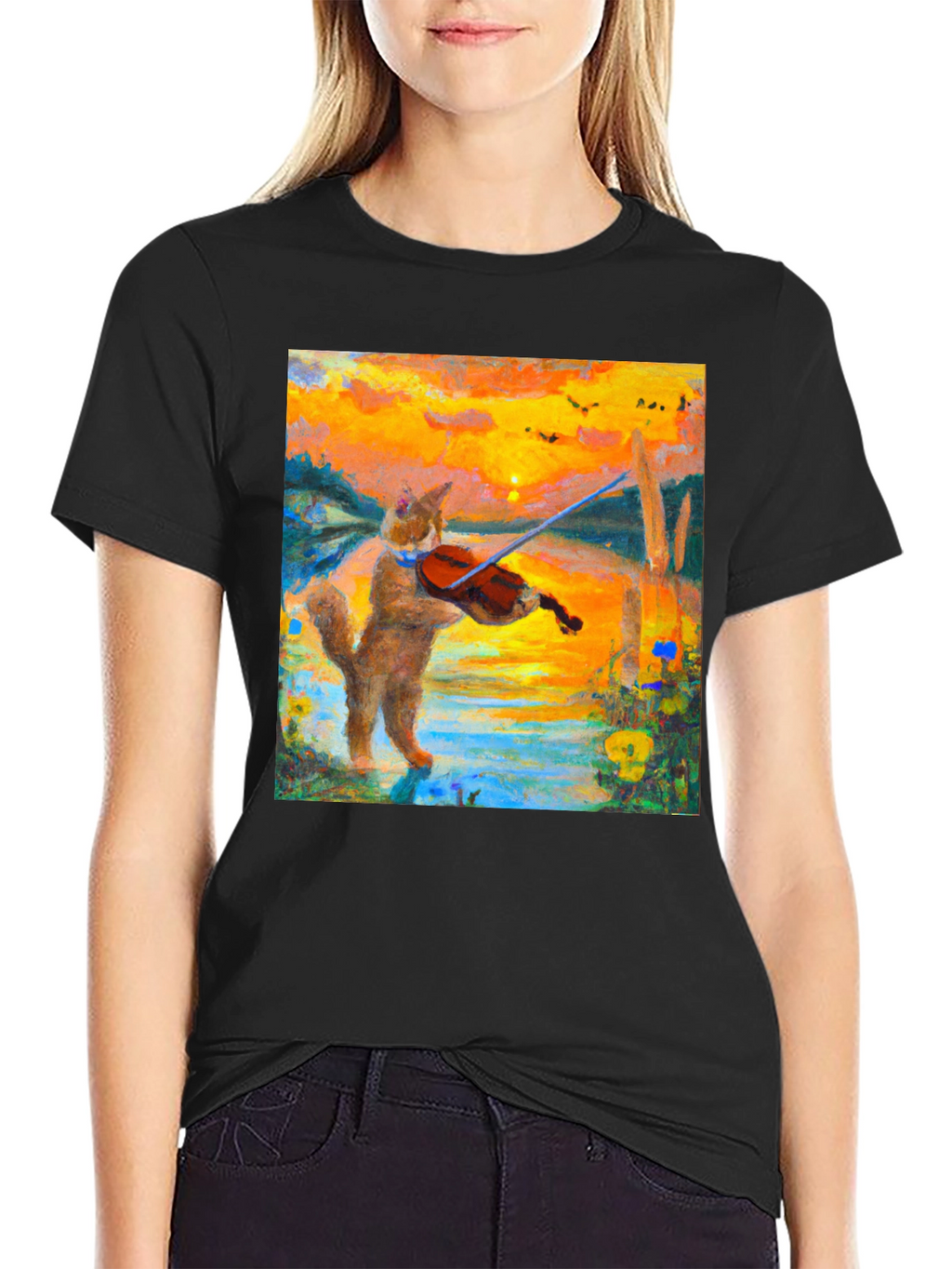 Cat Violinist Sunset Graphic T-Shirt